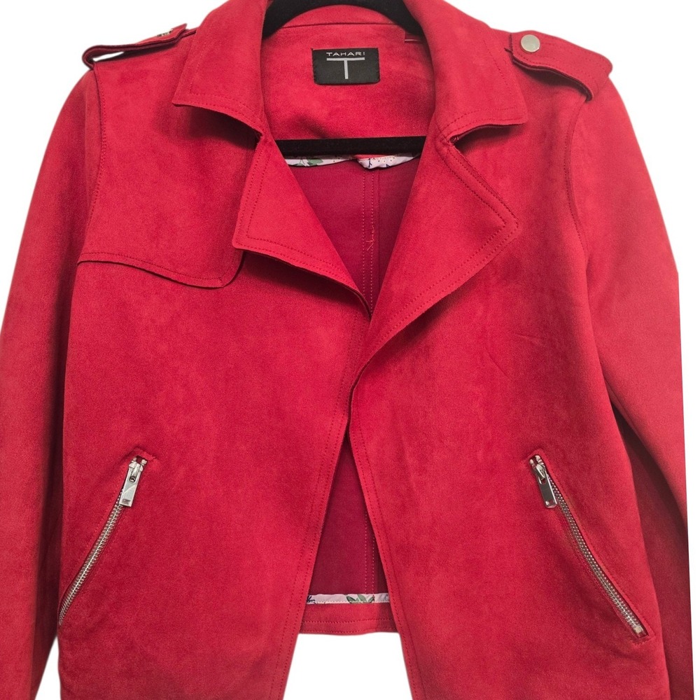 TAHARI Red Faux Suede Moto Cropped Open Jacket - Picture 2 of 6